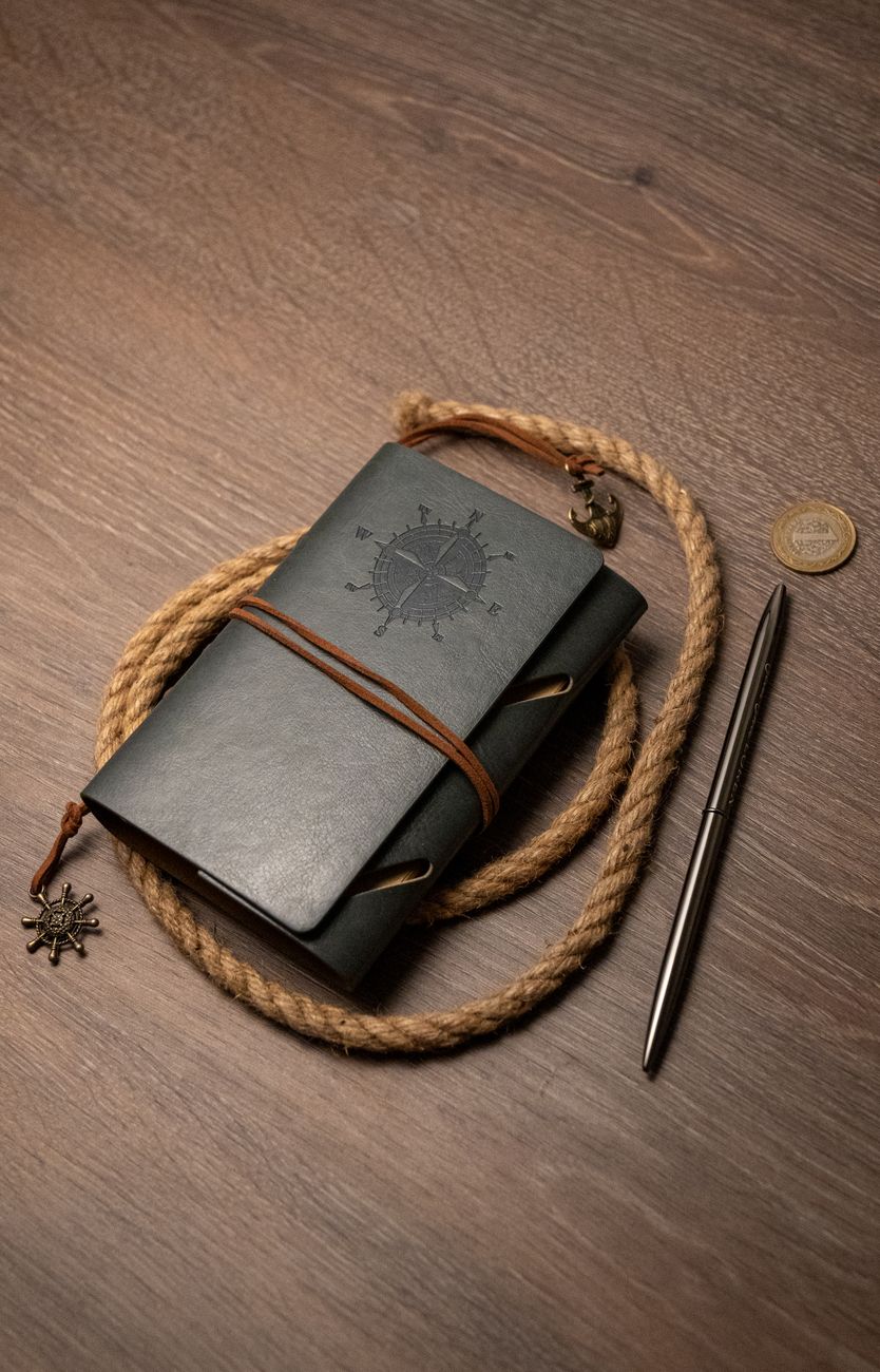 A rustic leather notebook with brass compass and rope on a wooden desk — the specimen view of a heritage stationery object.